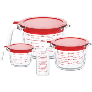 4 Piece Glass Measuring Cups Set, 5 Oz, 1-Cup, 2-Cup, 4-Cup Liquid Measuring Cups with Lids for Kitchen, Freezer and Microwave Safe