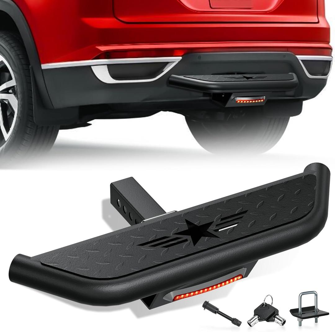 Tow Hitch Step Trailer for 2 Inch Receiver, with Brake Light & Pin Lock & U-Bolts Stabilize, Compatible with Pickups Trucks Vans SUVs ATVs, Towing Bumper Guard Protector Rear Bar (Carbon Steel)