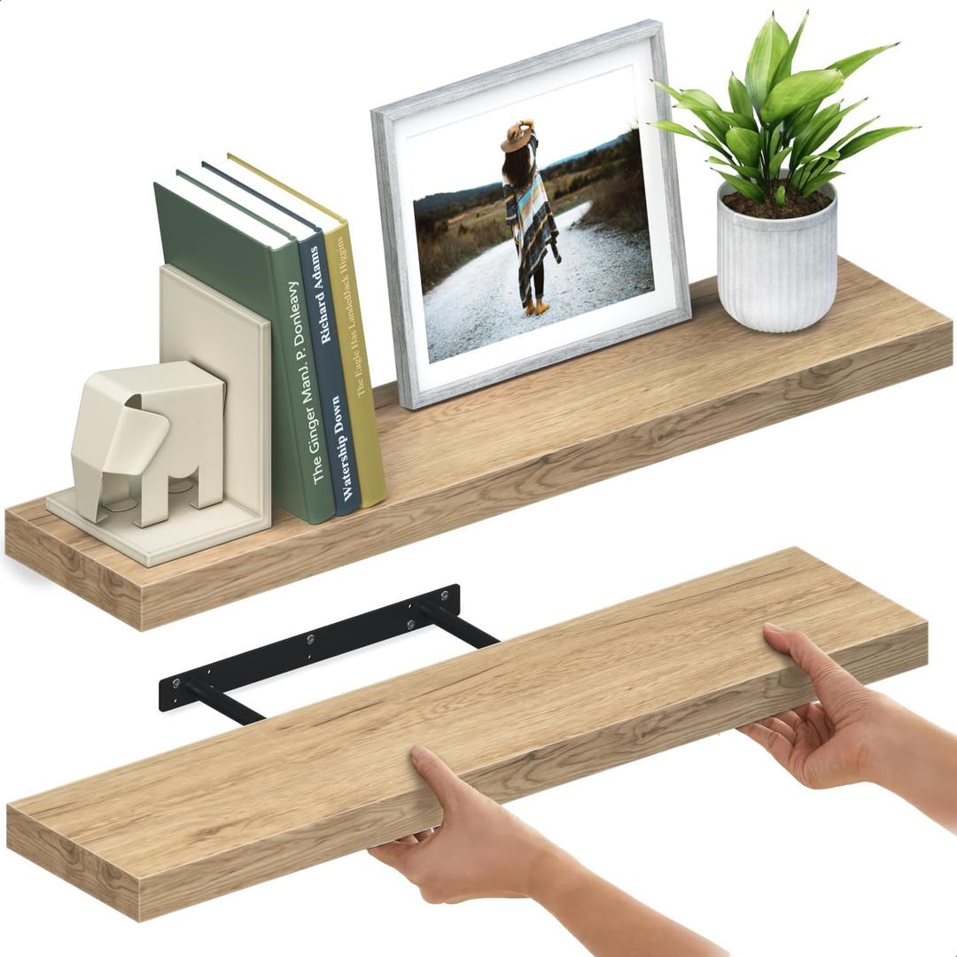 Ballucci Floating Shelves for Wall, 36" Wood Wall Shelf Set of 2, with Invisible Brackets for Bathroom, Living Room, Bedroom, Kitchen, Nursery, 8" Deep, Oak Finish (36" - 2 Pieces)