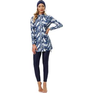 Ababalaya Fully Covered Swimsuits 3 Pieces Full Covered Burkini Swimwear with Swimming Cap (US, Alpha, Large, Regular, Regular, Floral 4)