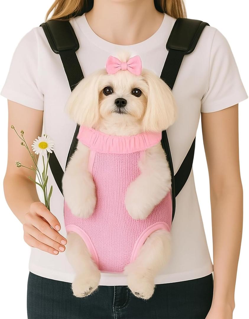 Dog Backpack Carrier, Thick Straps & Cushion, Pet Sling Front Backpacks for Small Medium Dogs 2.5-4 Lbs, Legs Out, Adjustable Wearable Puppy Chest Travel Bag, Easy-Fit for Hiking/Walking/Camping (Pink)