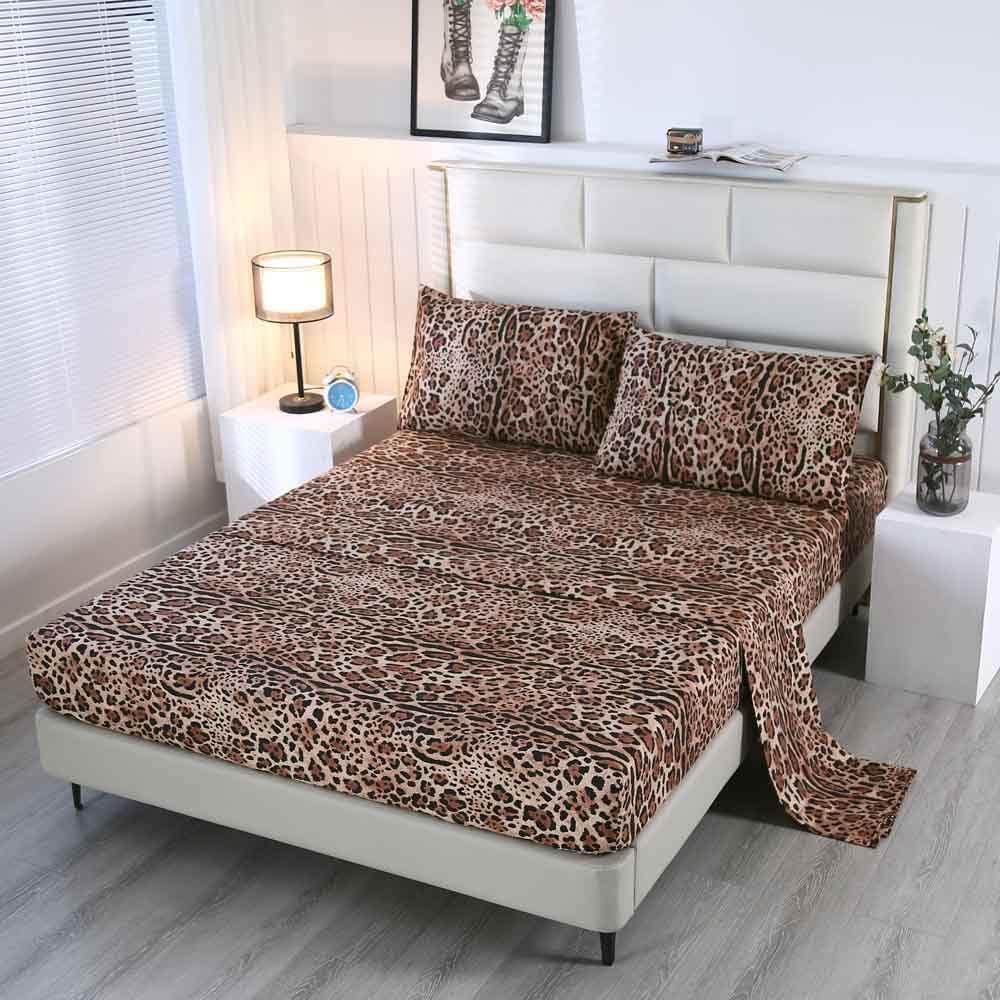 SDY 4 Pieces Leopard Bedding Sheets Queen Size Leopard Print Sheet Set Included 1 Fitted Sheet with 14'' Deep Pocket + 1 Top Flat Sheet + 2 Pillowcases for Adult