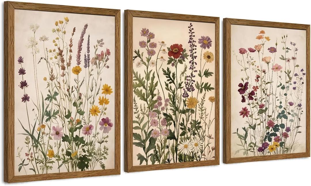 AVECCO Vintage Color Wildflower Canvas 3 Pieces Wall Art, Nature Floral Artwork Wall Decor, Botanical Art Prints for Bedroom Living Room Office Home Decoration Ready to Hang 16x24 Inch Wood Framed