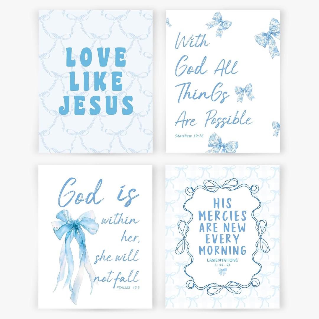 YQDEJ Coquette Blue Bow Inspirational Christian Wall Art Prints Set of 4, Preppy Room Decor, Coquette Room Decor, Preppy Blue Bible Verse Posters for Girls Bedroom Apartment Dorm Decor, 8x10 Unframed