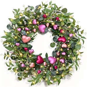 Waipfaru 24 Inch Valentines Day Wreath, Valentines Wreaths for Front Door with Pink&Red Hearts and Eucalyptus Leaves, Valentine Wreath for Valentines Day Decorations Wedding Door Outside Decor