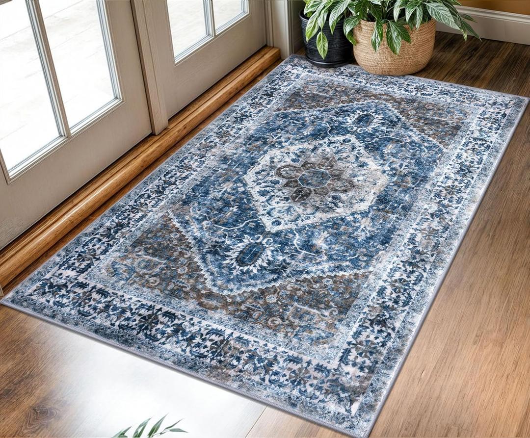 KOZYFLY Boho Area Rug 3x5 Ft Rugs for Entryway Washable Entry Rug Non Slip Door Mat Indoor Entrance Blue Printed Faux Wool Vintage Kitchen Rug Throw Rugs for Entrance Kitchen Living Room (Blue/Brown/White)