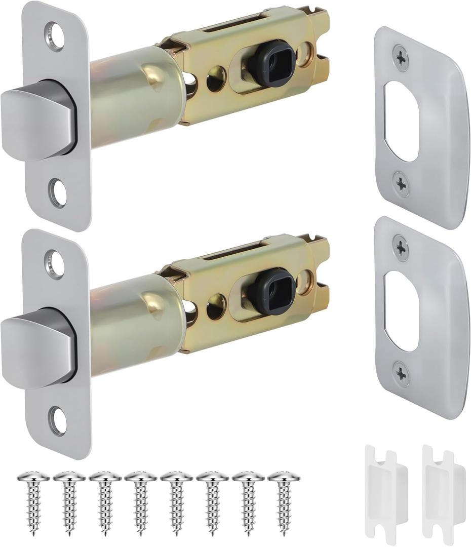 2 Pack Brushed Nickel Door Latch Replacement, 45Turning Angle Door Lock Replacement Parts, 2-3/8'' or 2-3/4'' Adjustable Backset Deadlatch, Stainless Steel Round Corner Lock Parts