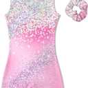 Vogseek Big Girls Gymnastics Leotards, Girls' Pink Sleeveless Ballet Dance Sets with Matching Hair Scrunchie, 3D Print Diamond Gymnastics Unitards, Size: 11-12 Years