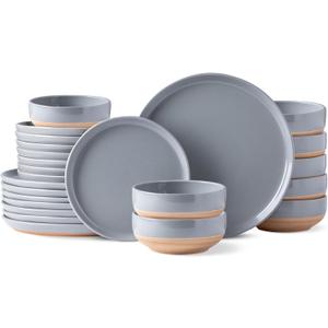 AmorArc Ceramic Dinnerware Sets for 8, 24 Pieces Handpainted Plates and Bowls Set with Rustic Terracotta Underside, Scratch Resistant Stoneware Dishes Set, Dishwasher & Microwave Safe (Limestone)