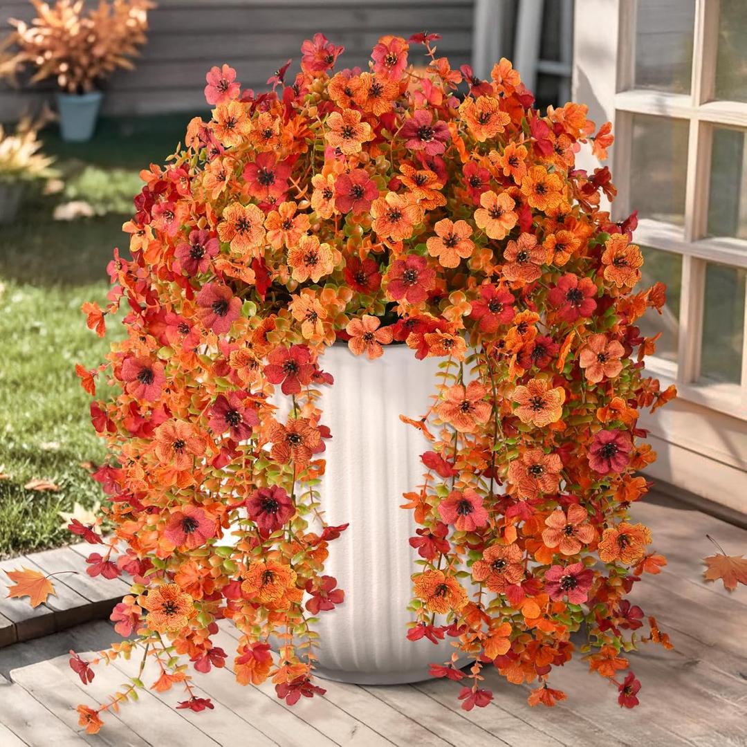 Artificial Fall Fake Flowers for Outdoor, 2 Pcs Faux Hanging Flowers Outdoor Fall Decor, UV Resistant No Fade Fake Mums Silk Flower for Front Door Porch Planters Patio Yard Garden(Orange Autumn Red)