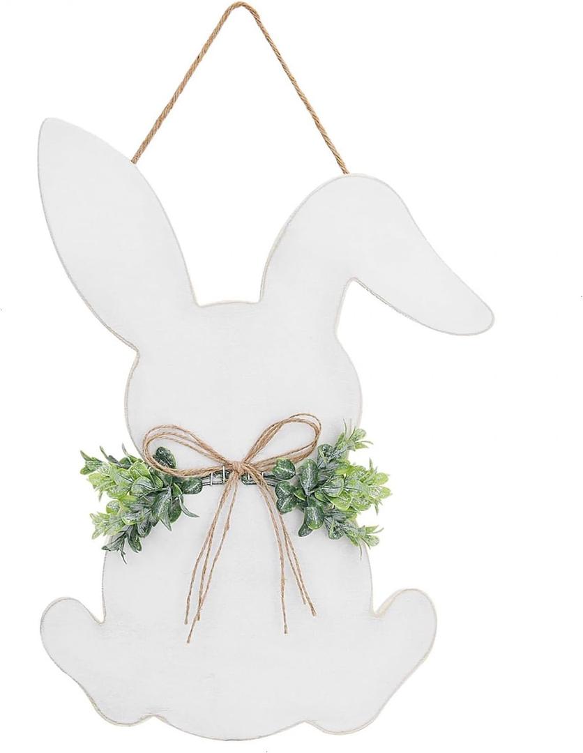 YoleShy Easter Door Wreath, Easter Sign Easter Wall Decor - Easter Bunny Door Hanger Easter Door Decorations with Bow for Rustic Spring Easter Front Door Wall Home Decorations, 16.1 x 11.81 Inch
