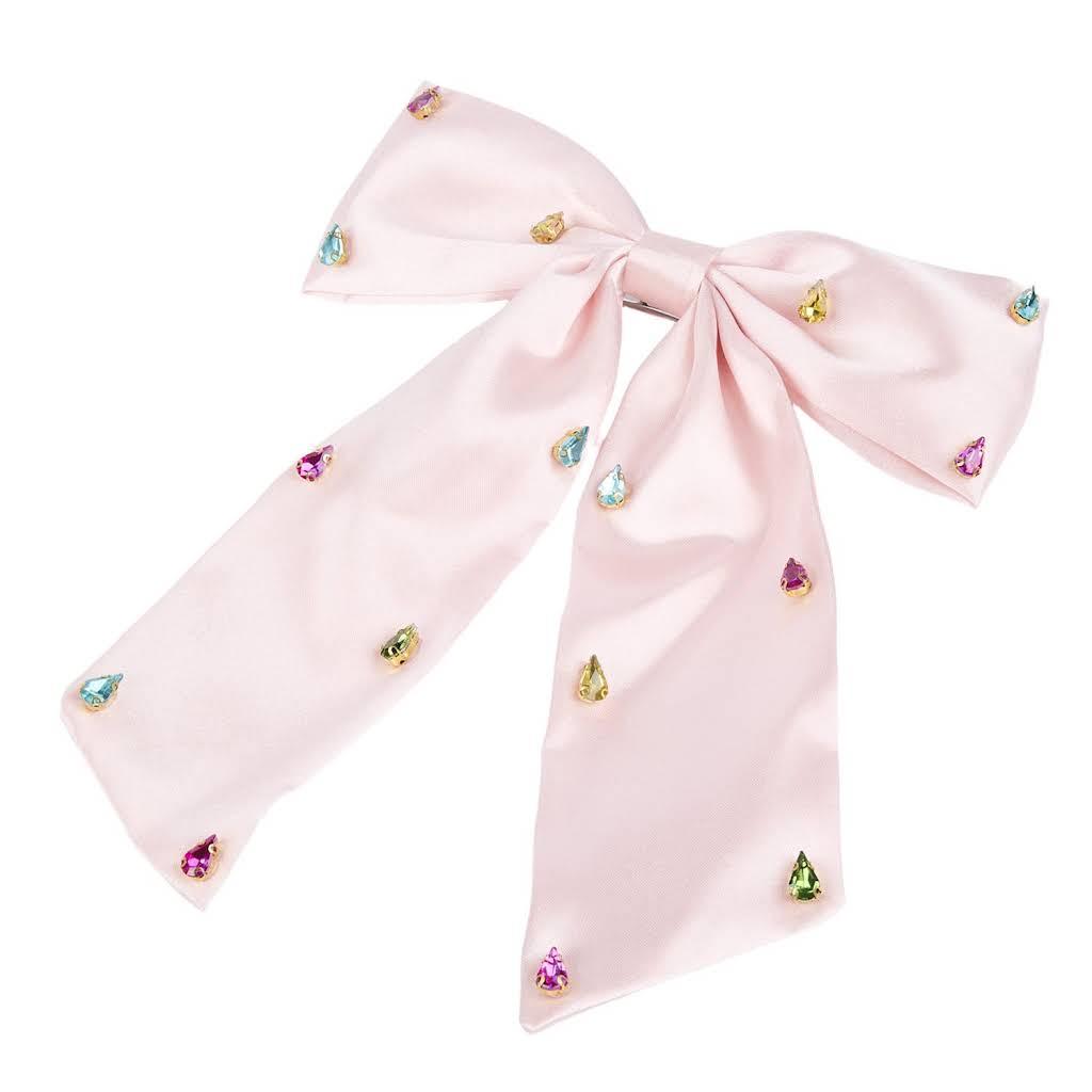 Glamorous Pastel Pink Satin Bow Hair Clip with Multi-Color Rhinestones, Pack of 4