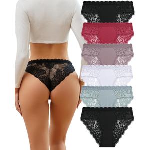 FINETOO 6 Pack Bikini Underwear for Women Sexy Lace Cheeky Panties Low Rise Hipster Cotton Panty (Medium)
