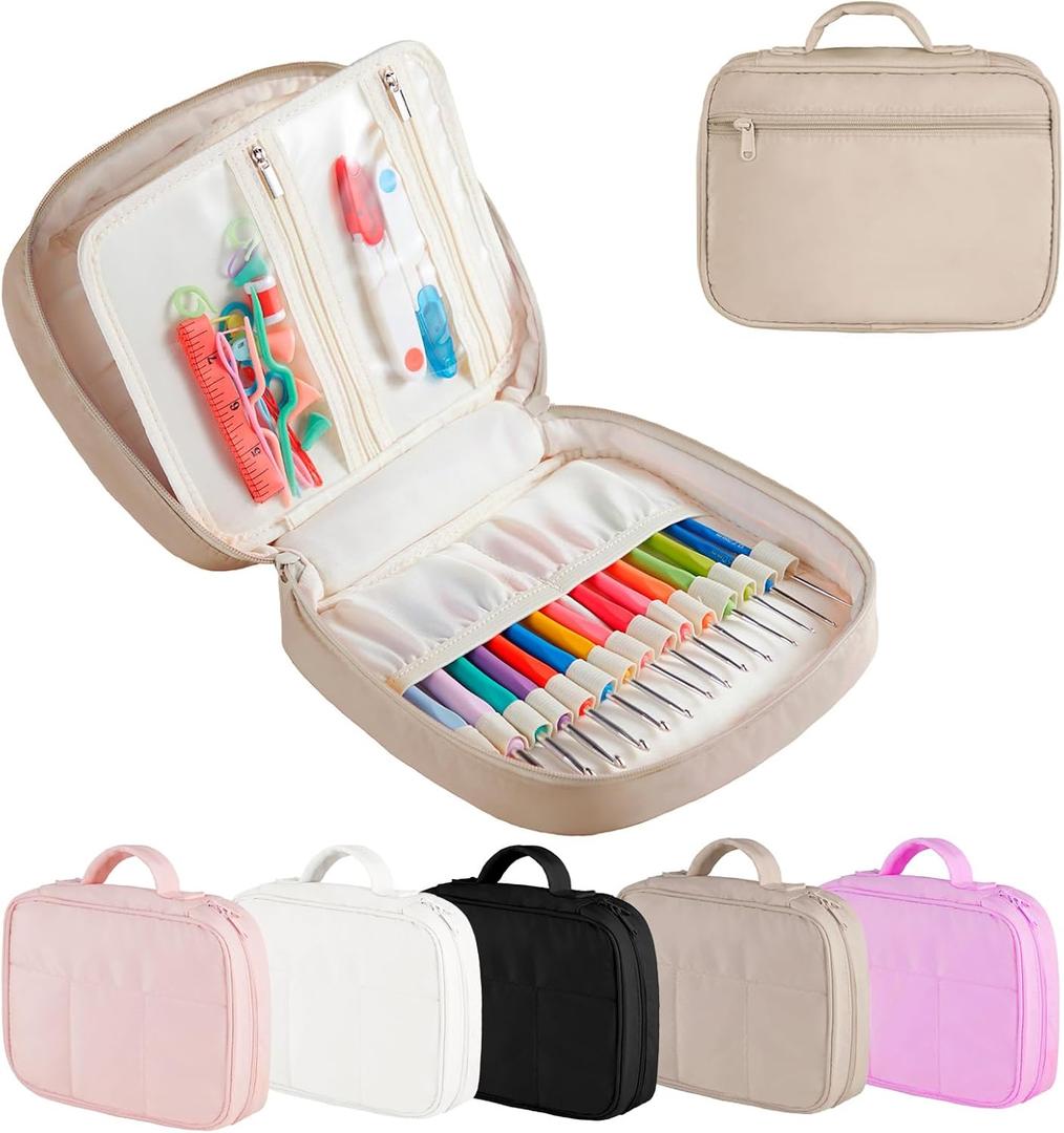 Crochet Hook Case, Lightweight Crochet Hook Organizer with Clear Zipper Pockets, Crochet Hook Holder for Knitting Needle Storage, Gift for Women and Crochet Enthusiasts (Light Brown)