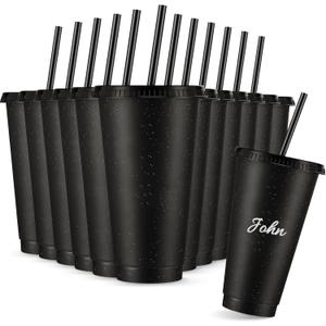 Amyhill 12 Pcs Reusable Glitter Cups with Lids and Straws 24 oz Plastic Tumbler Iced Coffee Cup Travel Mug Party Cups for Smoothie Juice Birthday Sleepover Party Supplies for Girls(Black)