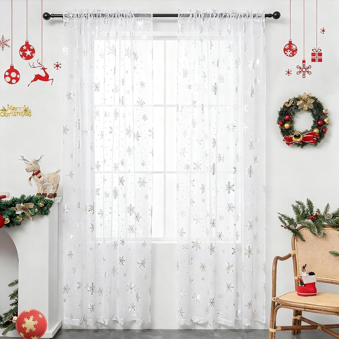 Christmas Sheer Curtains for Living Room, Luxury Snowflake Silver Foil Print Sheer Curtains, Rod Pocket Window Drapes Decorations for Bedroom and Home Decor, 2 Panels White 52W x 63L