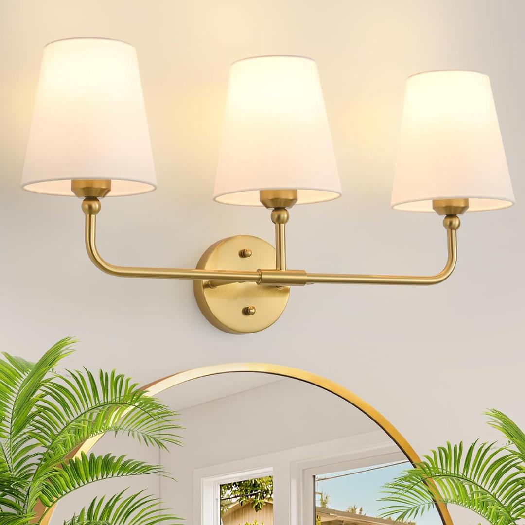 Bathroom Light Fixtures, 3-Light Brushed Gold Vanity Lights, 24.5" Bathroom Lighting Fixtures Over Mirror with Flared White Fabric Shade, Modern Wall Sconces for Bedroom Living Room Hallway