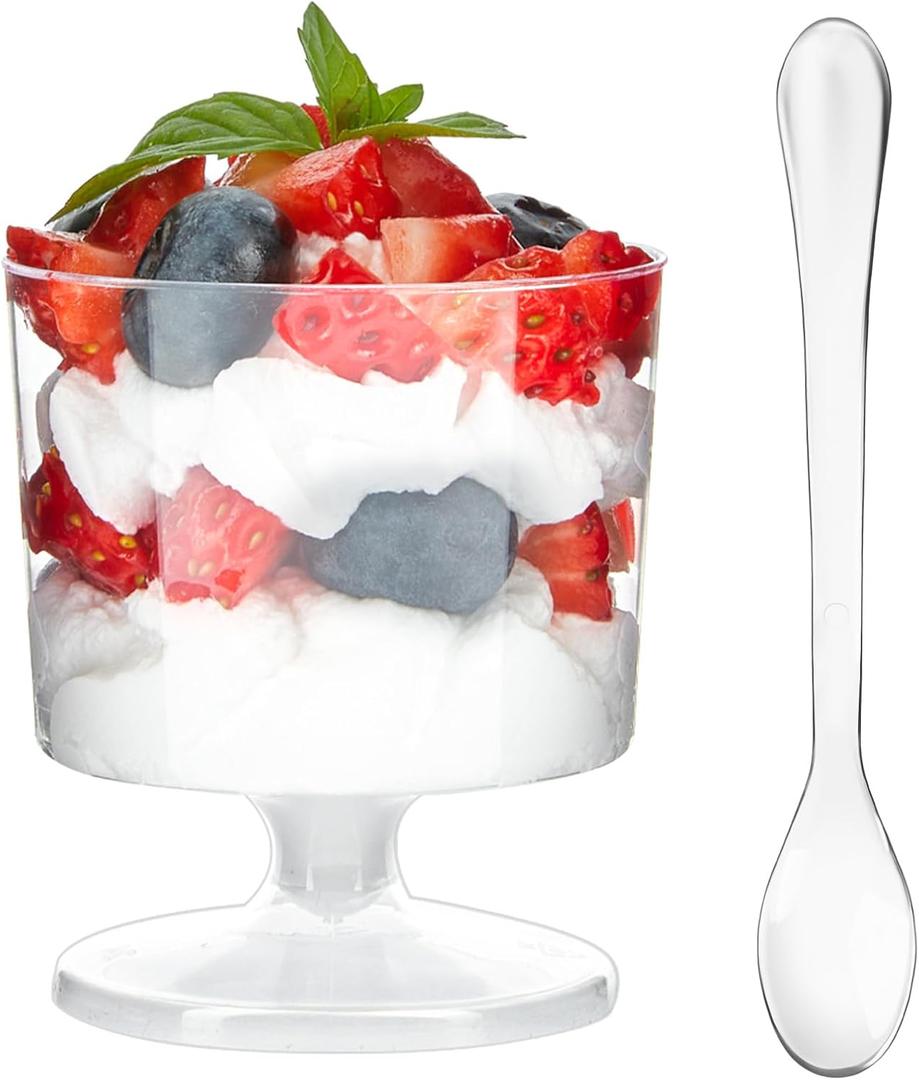 Zezzxu 2 oz Mini Dessert Cups with Spoons, 100 Pack Disposable Appetizer Cup Mousse Cups Small Plastic Wine Glasses for Serving Individual Pudding Shots, Cocktail, Trifle