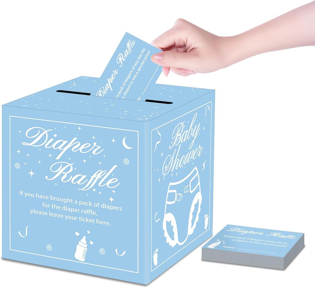 20 Pcs Blue Diaper Raffle Tickets with Box for Baby Shower Game Invitations Blue Diaper Raffle Box for Gender Reveal Baby Shower Party Decoration Table Centerpiece