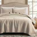 WDCOZY 100% Cotton Oversized King Size Quilt Set - Beige California Cal King Striped Pick Stitch Soft Lightweight Bedspread, Textured Like Linen, Farmhouse Country Rustic Coverlet, 3 Pieces