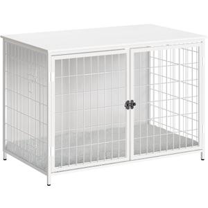Dog Crate Furniture with Cushion, Wooden Dog Kennel with Double Doors, Heavy Duty Dog Cage for Small/Medium/Large Dogs, Indoor Dog House End Table, 39.4" L, White DCBW10701