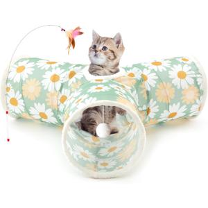 Tempcore Pet Cat Tunnel Tube Cat Toys 3 Way Collapsible, Cat Tunnels for Indoor CatsKitty Tunnel Bored Pet Toys Peek Hole Toy Ball Puppy, Kitty, Kitten, Rabbit Daisy Green Printed