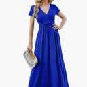 ANRILITA Maxi Dress for Women Wrap V Neck Short Sleeve Empire Pleated Waist Summer Casual Elegant Long Dresses with Pockets, S