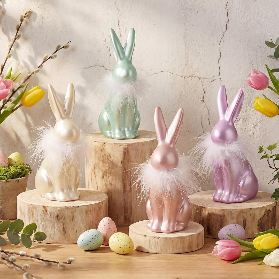 4 Pcs Pastel Easter Bunny Figurine Decoration 6 Inch Pearly Pastel Rabbit Figurine Vintage Resin Easter Iridescent Rabbit Decor with White Fluff on Neck for Spring Home Tabletop Centerpiece