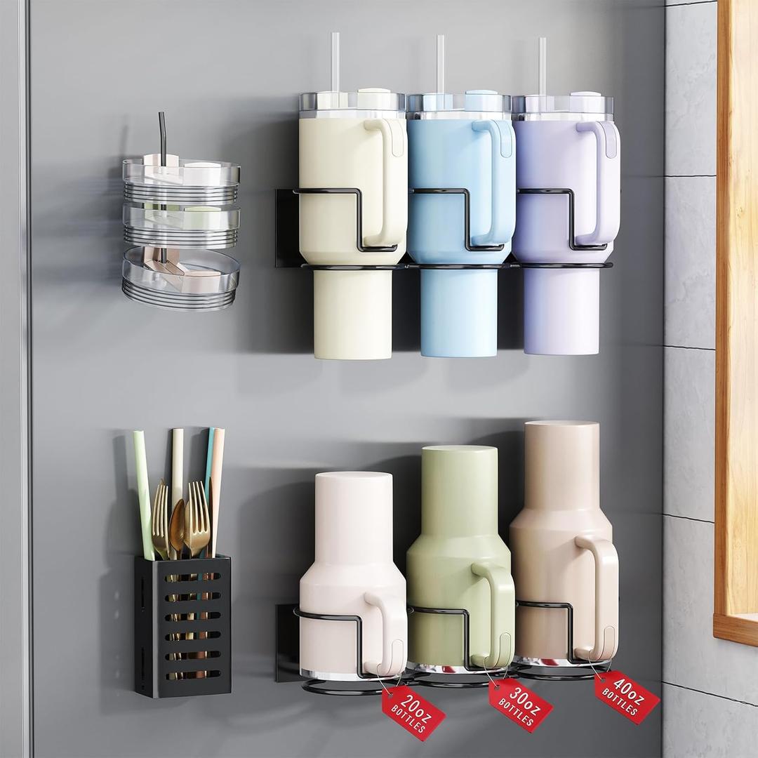 Magnetic Cup Holder for Fridge, Aufworld Tumbler Organizer Fits 20/30/40 oz Stanley Cups, Accessory Storage with Lid & Straw Holder, Space-Saving Storage Rack for Kitchen Fridge (Black-Cup Holder Set)