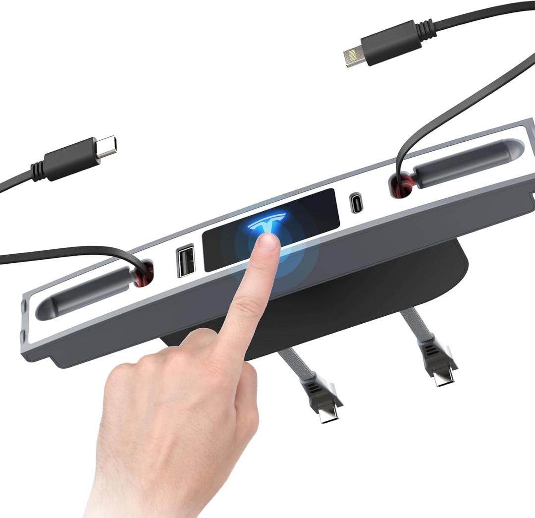 Upgrade Touch Switch Design for Tesla USB Hub (White), Retractable Charge Hub is Necessary Tesla Model 3/Y Accessories (2024-2021) but not Highland or Juniper Compatible, Tesla Gifts