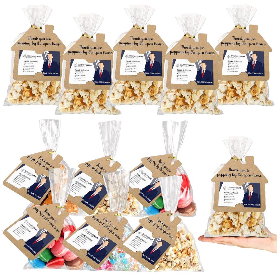 Hoolerry 100 Set Open House Popcorn Bag with Tag Real Estate Agent Thanks Tag Business Card House Shaped Paper Gift Popcorn Candy Biscuits Bag for Estate Agent Favors Supplies(Kraft Color)