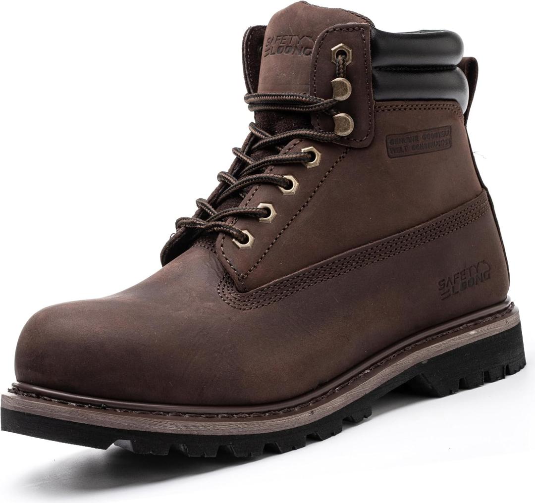 Work Boots for Men Waterproof Soft Toe Non Slip Comfortable Leather Workboots (12, Dark Brown)