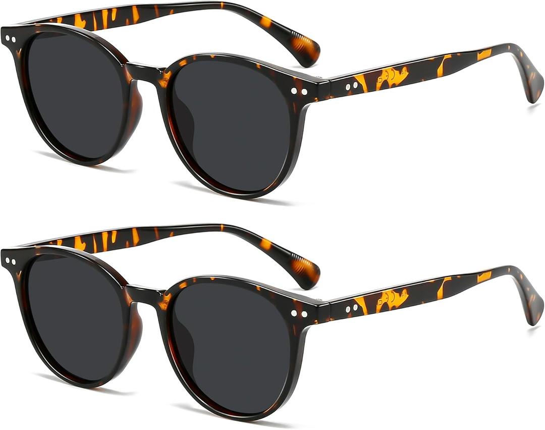 Ultra Lightweight Small Round Polarized Sunglasses for Women UV400 Protection (2 Pack: Amber Tortoise/Grey)