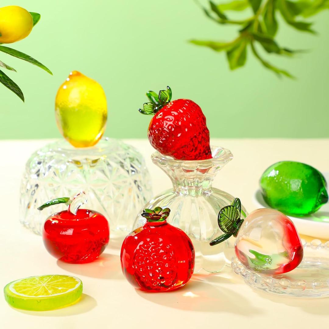 Wesiti 6 Pcs Crystal Glass Fruit Decor Strawberry Apple Peach Lemon Pomegranate Fruit Figurines Collectibles Blown Glass Decor Tabletop Centerpiece Decoration for Home Birthday Kitchen Wedding