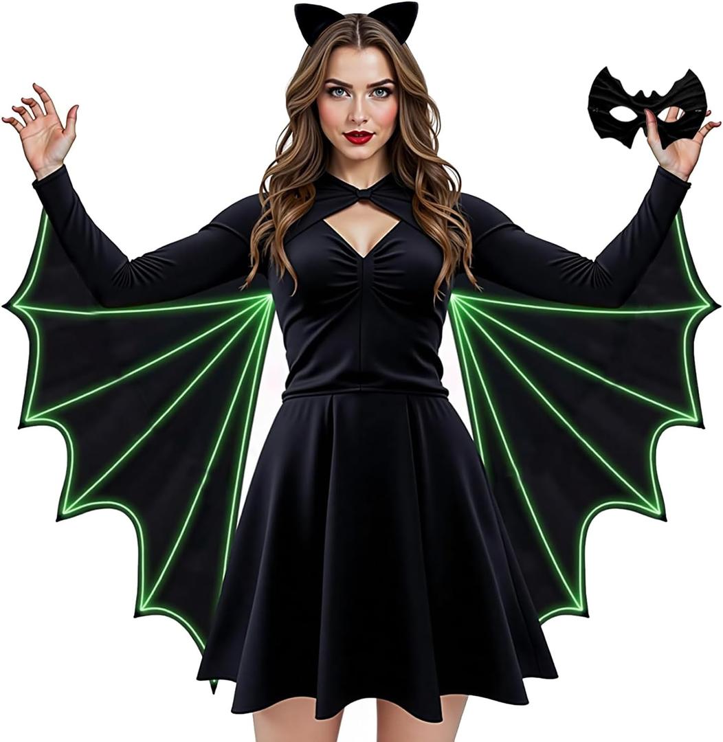 Women Glow in the Dark Bat Wings Costume with Bat Headband and Eye Mask for Adult Halloween Costume Cosplay Party (L/ XL)