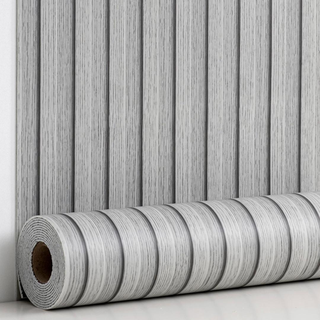 Haimin Wood Grain Slat Wall Panels Peel and Stick Faux Wood Thick Wallpaper 118"x15.75" Waterproof PET & IXPE Foam Paneling (Light Gray)