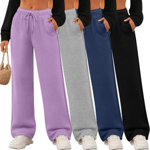 4 Pack Women's Wide Leg Sweatpants Drawstring Lounge Joggers for Women Straight Pants Elastic Waist with Pockets Lilac, Light Gray, Haze Blue, Black, Small
