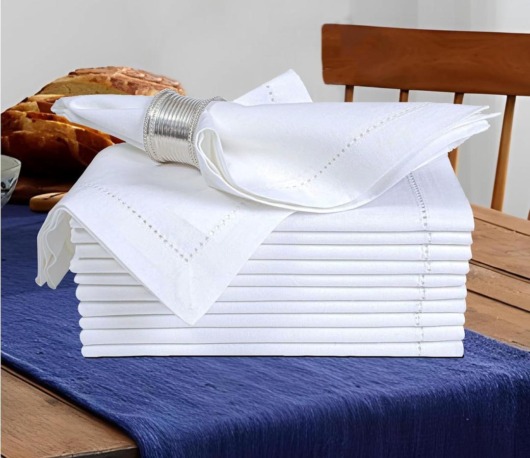 BEDDING CRAFT Set of 12 Cotton Cloth Dinner Napkin 18x18 White with Hemstitched Mitered Corners  Perfect for Wedding Dinner Parties and Table Decorations, Cloth Napkins (18" x 18" (Set of 12), White By White)