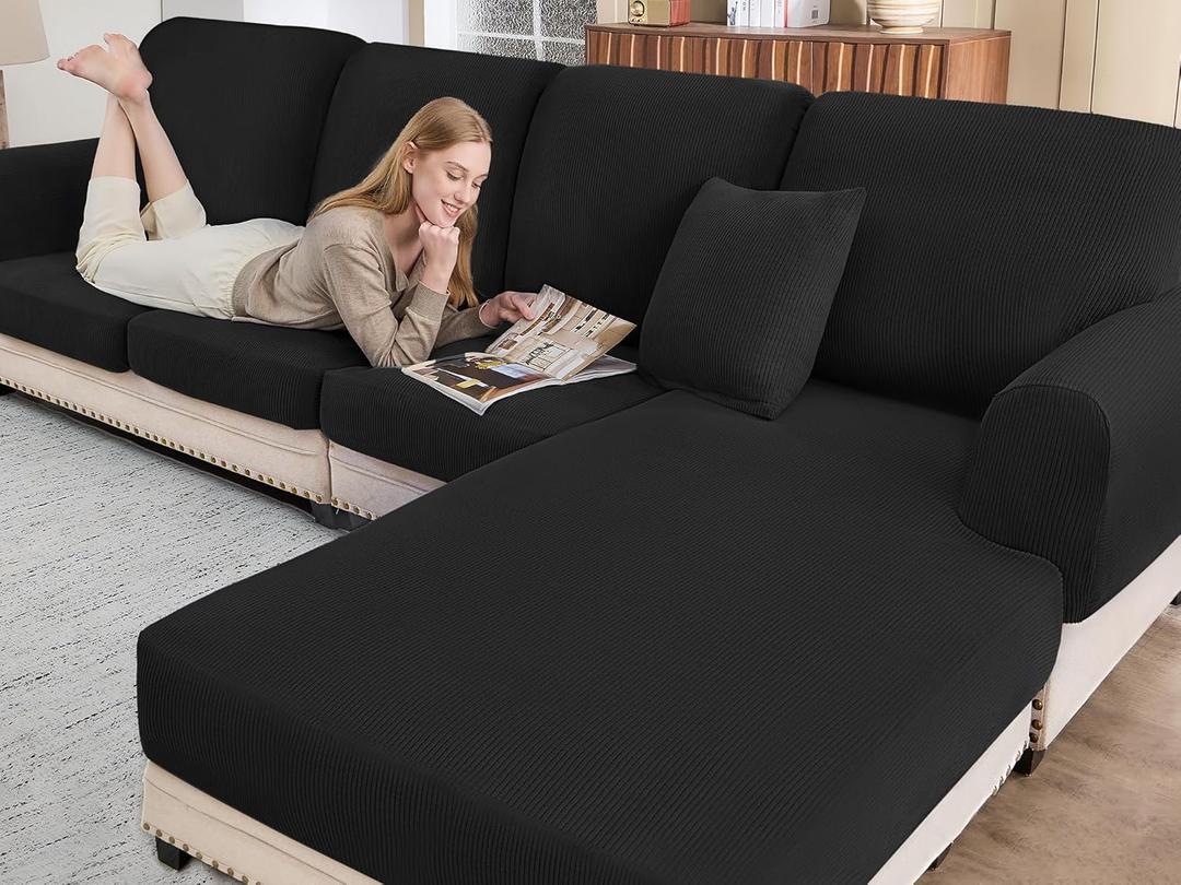 BT.WA Sectional Couch Covers for Sofa Cushion L Shaped Couch Cover Washable Soft Couch Cushion Covers Stretch Sofa Slipcovers with 2 Pcs Pillowcases(3-Piece 2 Seater + 1 Chaise, Black)