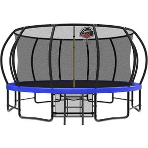 10 12 14 15 16FT Outdoor Trampolines for Kids and Adults, Pumpkin Trampoline with Curved Poles, Recreational Trampoline with Basketball Hoop and Safety Enclosure Net for Kids and Adults (Crystal Blue)