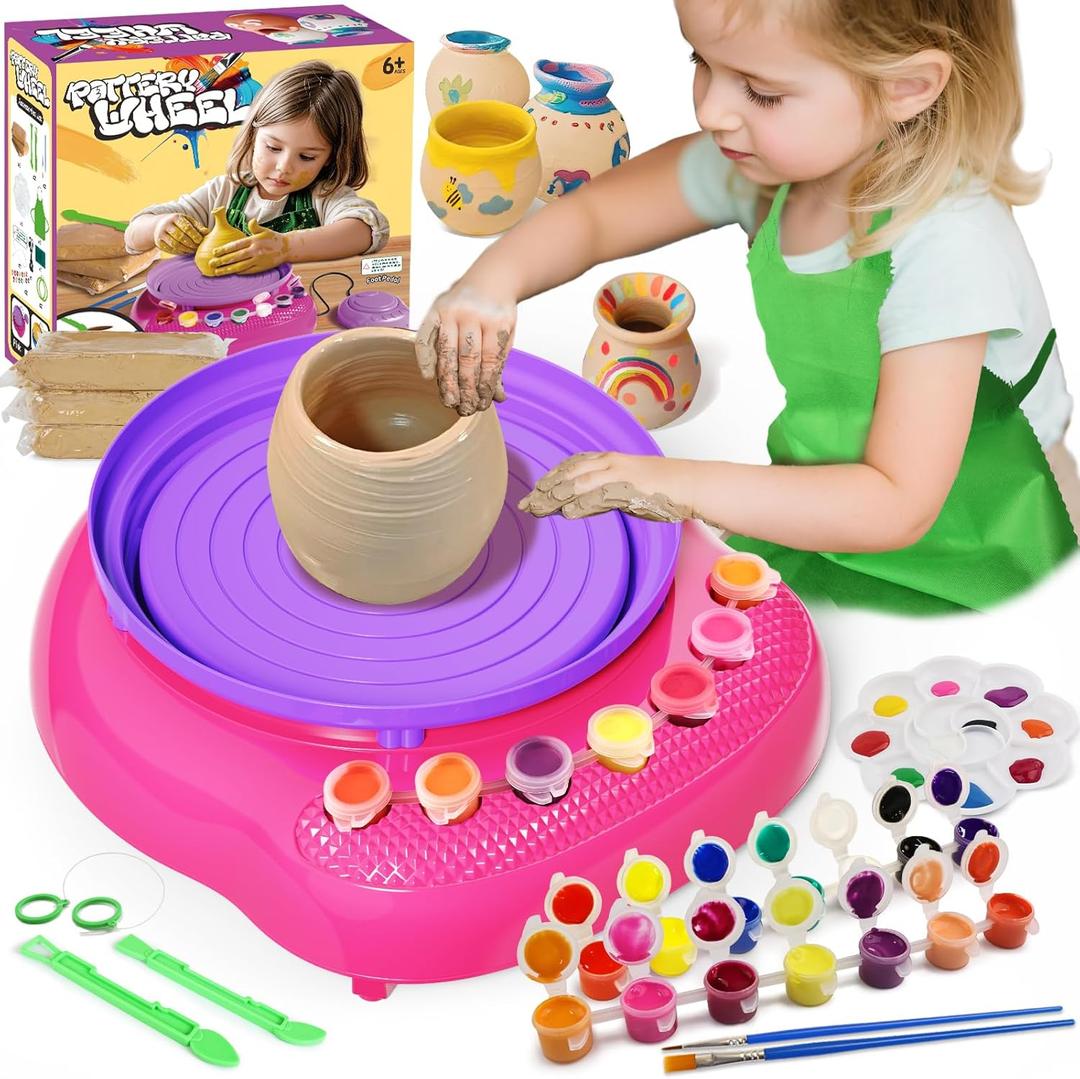 Vinkp Pottery Wheel for Kids - Complete Pottery Painting Kit Arts and Crafts for Kids Ages 8-12 with Air Dry Clay Art Supplies for Girls Boys Toys Birthday Christmas Gifts for 6 7 8 9 10 11 12 - Pink
