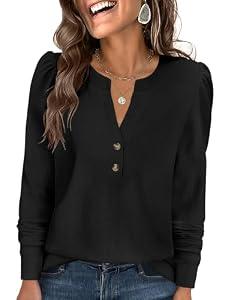 ANRABESS Women's Long Sleeve Henley Tops Waffle Knit Tunics Shirts Dressy Casual Blouses Cute T-Shirts 2025 Fall Outfit black Medium