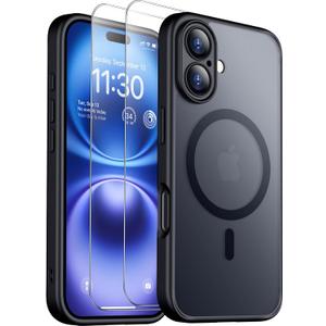 SPIDERCASE Magnetic for iPhone 16 Plus Case,with 2 Pcs [Tempered Glass Screen Protector] Translucent Matte Back Slim Shockproof Protective Phone Case for iPhone 16 Plus 6.7'',Black