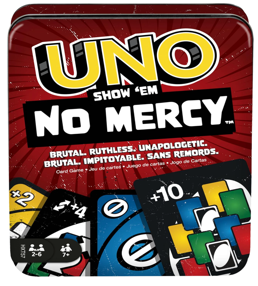 Mattel Games UNO Show ‘em No Mercy Card Game in Storage & Travel Tin for Kids, Adults & Family Night with Extra Cards, Special Rules & Tougher Penalties ( Exclusive)