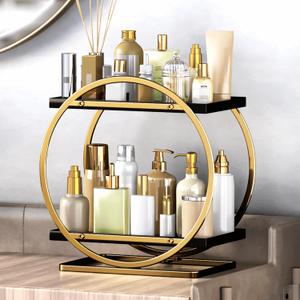 Makeup Organizer for Vanity, Black Gold Perfume Organizer for Dresser, 2 Tier Bathroom Countertop Organizer, Skincare Organizers Make Up Counter Shelf Perfume Holder Rack Cosmetic Display Tray