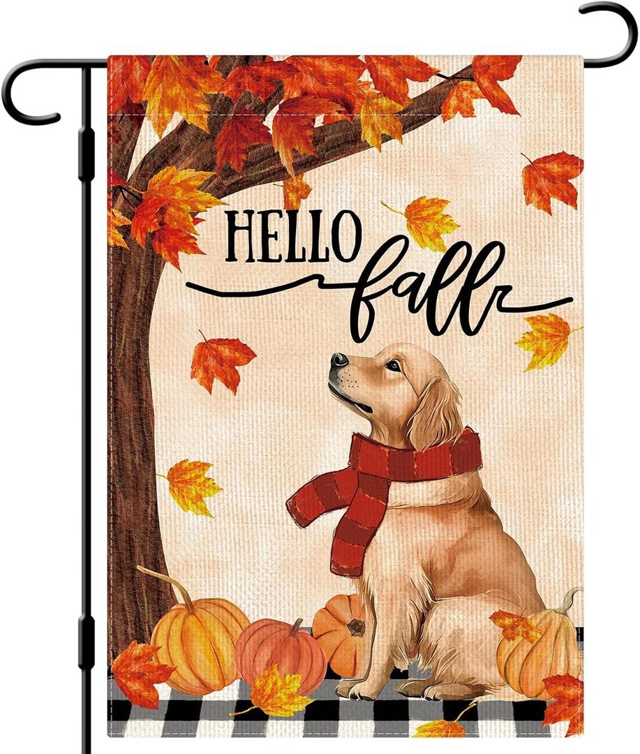 DLZDN Hello Fall Dog Garden Flag Golden Retriever Pumpkins Flag 1218 Inch Double Side Vertical Burlap Farmhouse Yard Sign Autumn Seasonal Outdoor House Decoration