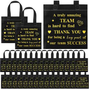 Clysee 50 Pcs Employee Appreciation Gift Bags Bulk Thank You Team Small Gift Bag with Handle Black Gold Inspirational Wedding Party Favor 8 x 8 Inch for Women Coworker Party Nursing Volunteer(Thanks)