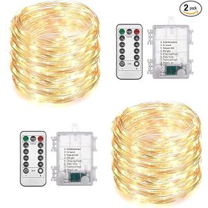 2 Pack Total 200 LED Fairy Lights Battery Operated String Lights with Remote & 8 Modes, 33FT Waterproof Copper Wire Battery Powered Twinkle Lights for Outdoor Christmas Parties Decoration Warm White