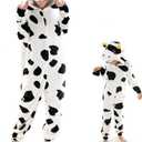 COSUSKET Fit Unisex Adult Cow Onesie Pajamas, Halloween Womens Cosplay Animal One Piece Costume (7-8 Years, White/Black)