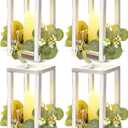 Huquary 8 Pcs Wooden Wedding Lantern Centerpiece for Table Decoration Includes 4 Farmhouse Candle Holder and 4 Flameless Decorative LED Candles for Rustic Home Wedding Decor(White)